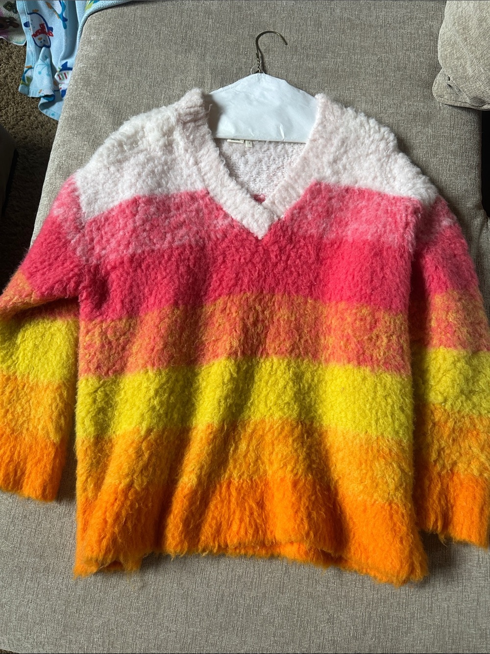 Anthropologie Simone striped Fuzzy V-Neck Sweater in Pink, Yellow & Orange small
